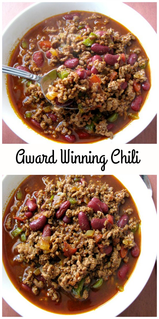 Collage photo of Award Winning Chili showing two white bowls of chili on a wood table