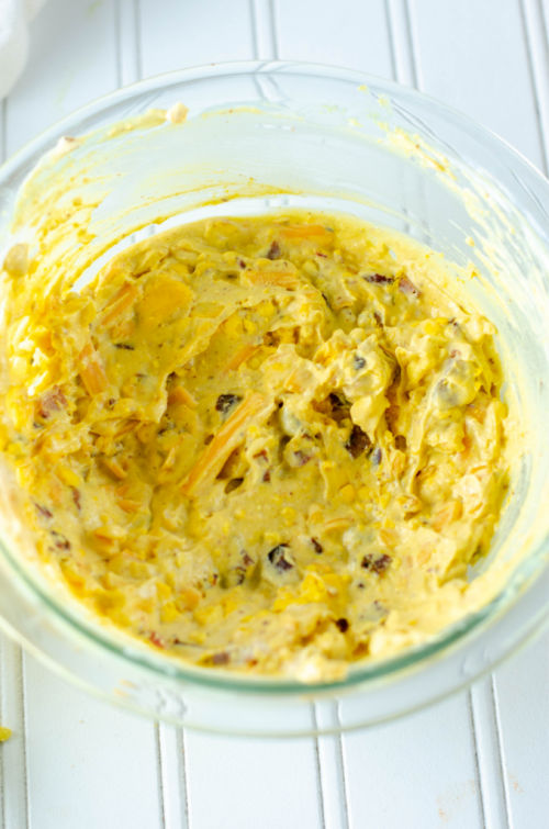 deviled egg mixture mixed together in a glass bowl