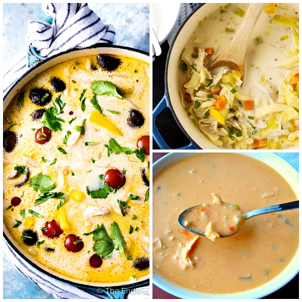 Collage photo of three bowls of different kinds of chicken soup.