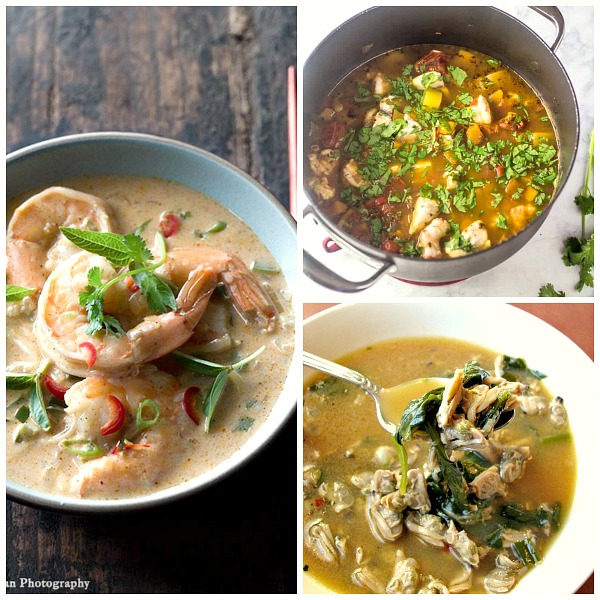 Collage photo of three kinds of seafood soups