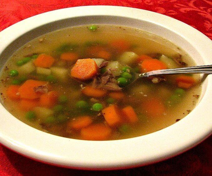 Prime Rib Soup made with stock from leftover prime rib bones.
