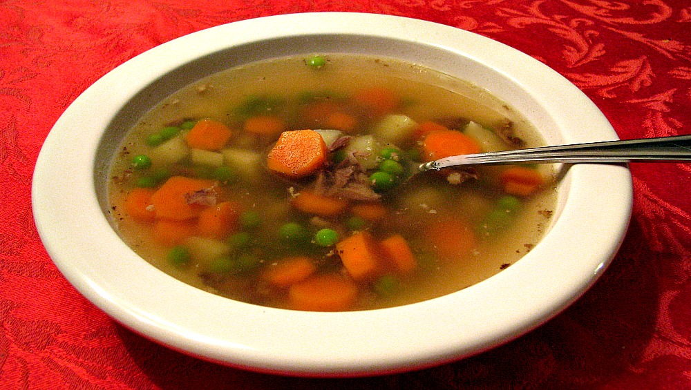 Prime Rib Soup made with stock from leftover prime rib bones.