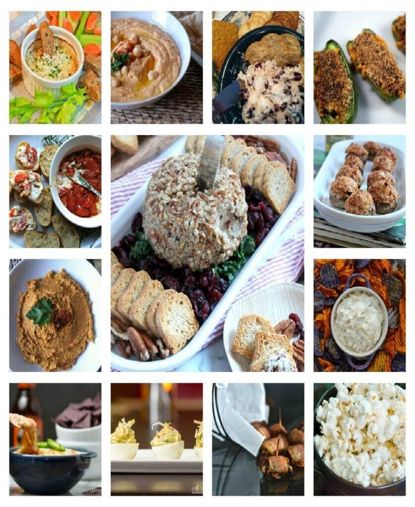 Collage photo of a group of New Year's Eve party appetizers.