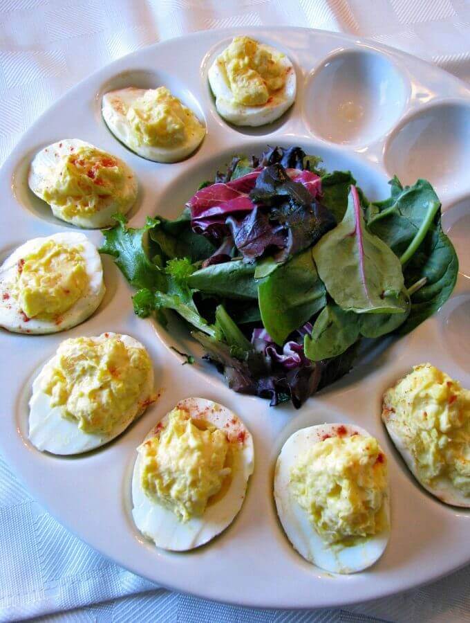 Creamy Horseradish Deviled Eggs- simple, creamy deviled eggs made with cream cheese, spicy brown mustard and prepared horseradish.