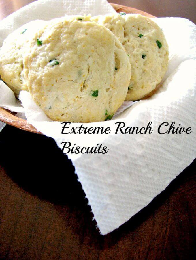 Extreme Ranch Chive Biscuits- Quick and easy biscuits made with ranch dressing and loaded with in-season fresh chives. Ready in less than 30 minutes, eat them while they are hot right out of the oven!