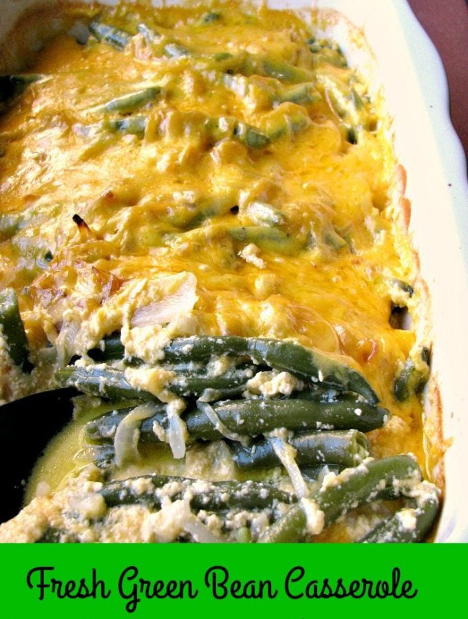 Photo of Fresh Green Bean Casserole with Caramelized Onions in a white baking dish