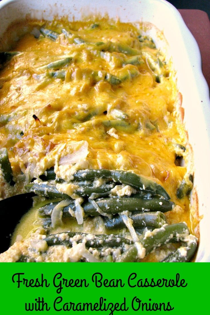 Photo of Fresh Green Bean Casserole with Caramelized Onions in a white baking dish