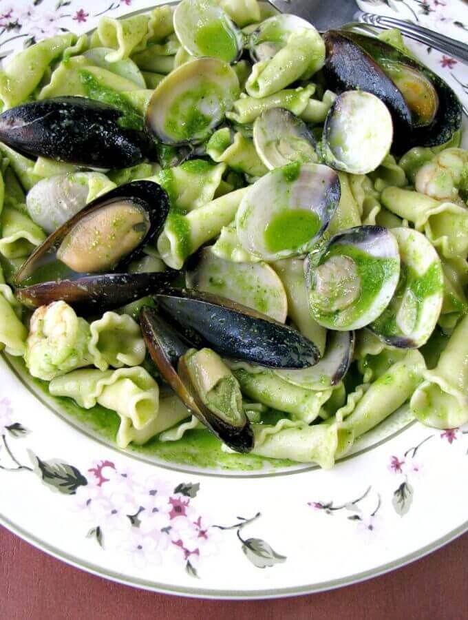A quick and easy, yet elegant dinner entree, Seafood Campanelle with Spinach Pesto is perfect for weeknight or special occasion dinners. #Seafood #Pasta | Weeknight Dinner #Special Occasion Dinner