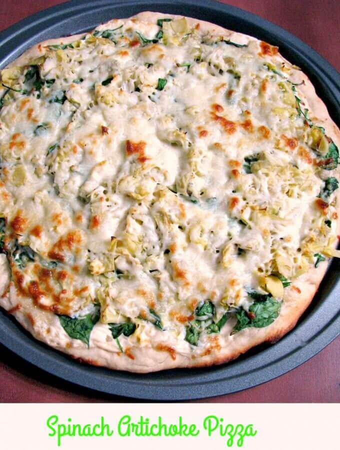 Quick and easy Spinach Artichoke Pizza, made with store-bought pizza dough, canned artichoke hearts, fresh spinach, and Alfredo sauce makes a great meatless meal.