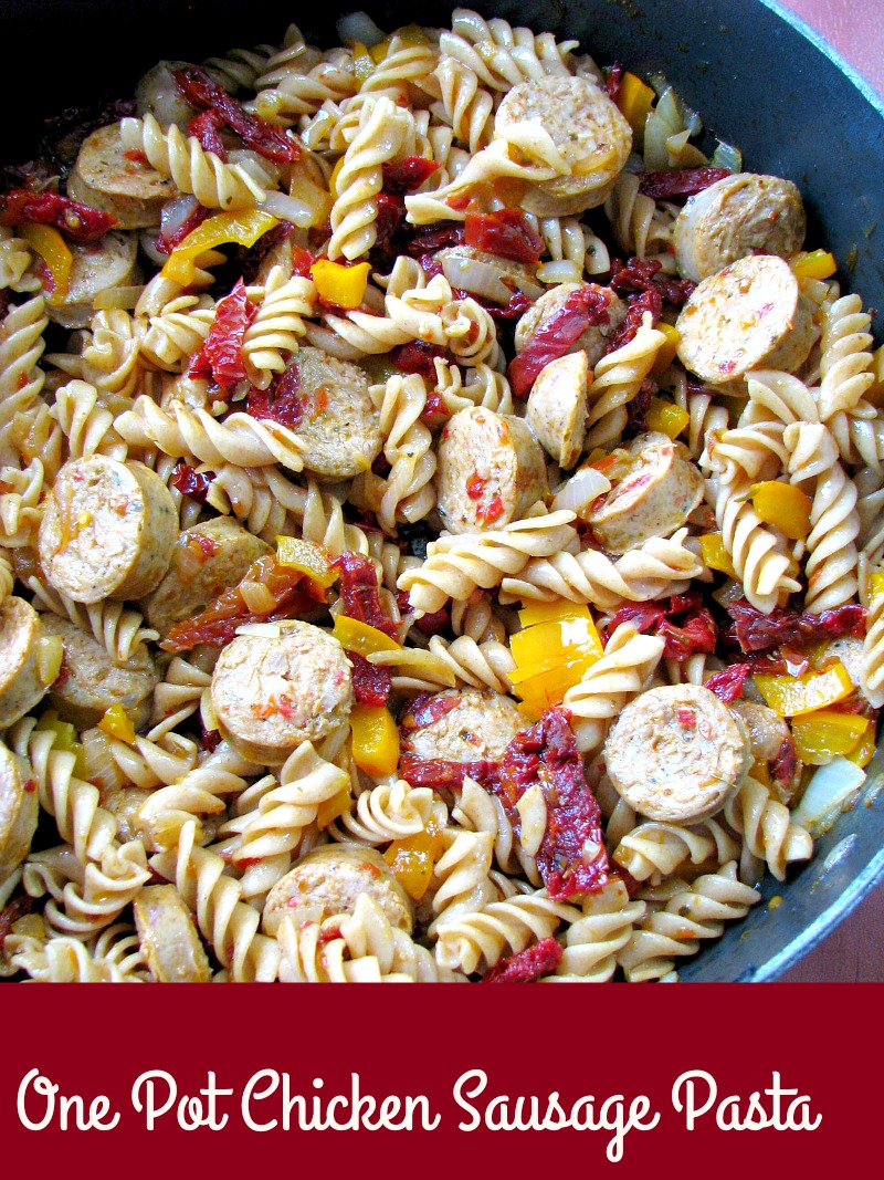 Quick and easy One Pot Chicken Sausage Pasta made with precooked chicken sausage, bell peppers, onions, and sun dried tomatoes makes a great weeknight summertime dinner. 
