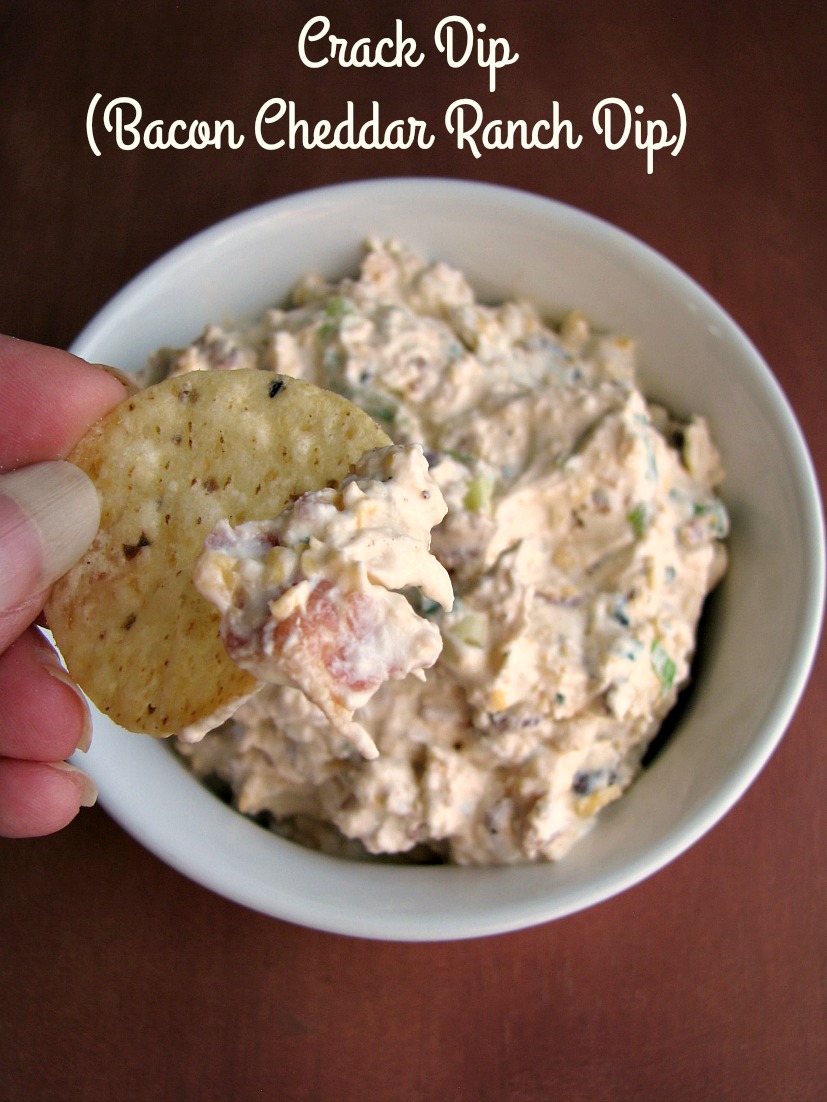 Crack Dip (Bacon Cheddar Ranch Dip), made with cream cheese, cheddar cheese, loads of bacon, scallions, and a hint of sriracha, is perfect for any party!