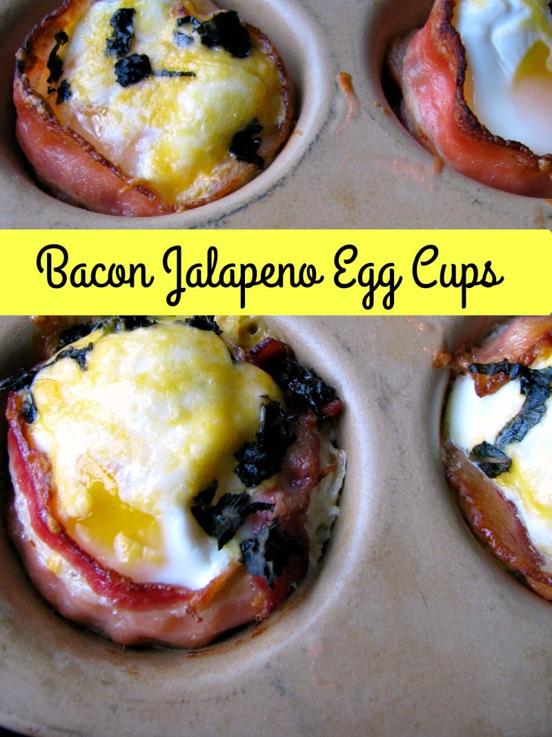 Sunny side up eggs in a bacon cup filled with diced jalapeno and shredded cheese, topped with more cheese and chopped basil, these Bacon Jalapeno Egg Cups are great for a weekend breakfast, or for a party brunch.