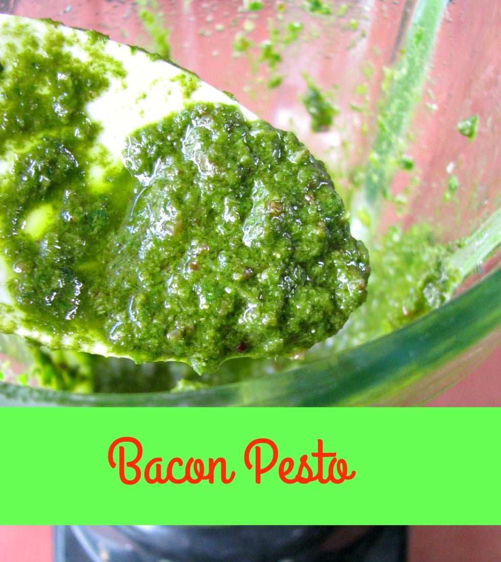 Homemade Bacon Pesto, with fresh basil and crispy bacon, makes a great topping for chicken or pasta, spread for pizza, or use it as a dip for crusty bread.