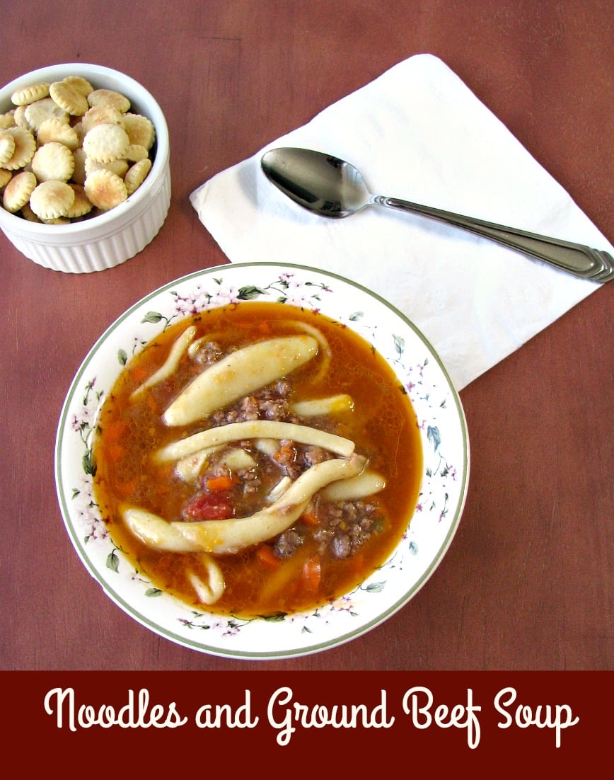 A favorite childhood soup, Noodles & Ground Beef Soup is filled with three kinds of noodles, ground beef, finely diced carrots, and green peppers in a flavorful beef broth. 