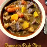 Loaded with fresh pumpkin pieces that dissolve and thicken the broth, beef, parsnips, and carrots, this Pumpkin Beef Stew is perfect for cold Fall evenings.