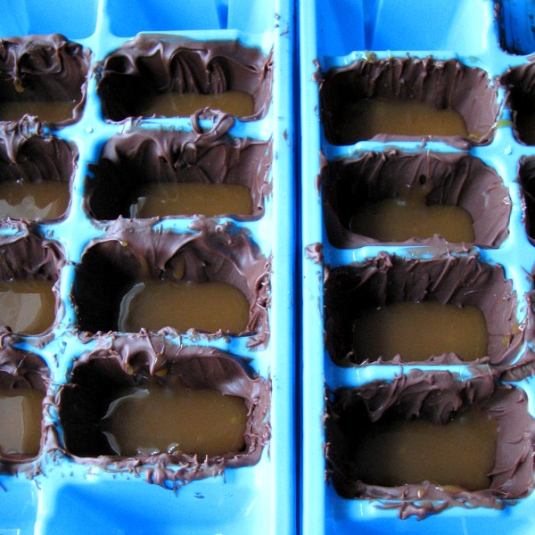 Caramel Filled Chocolates in ice cube trays.