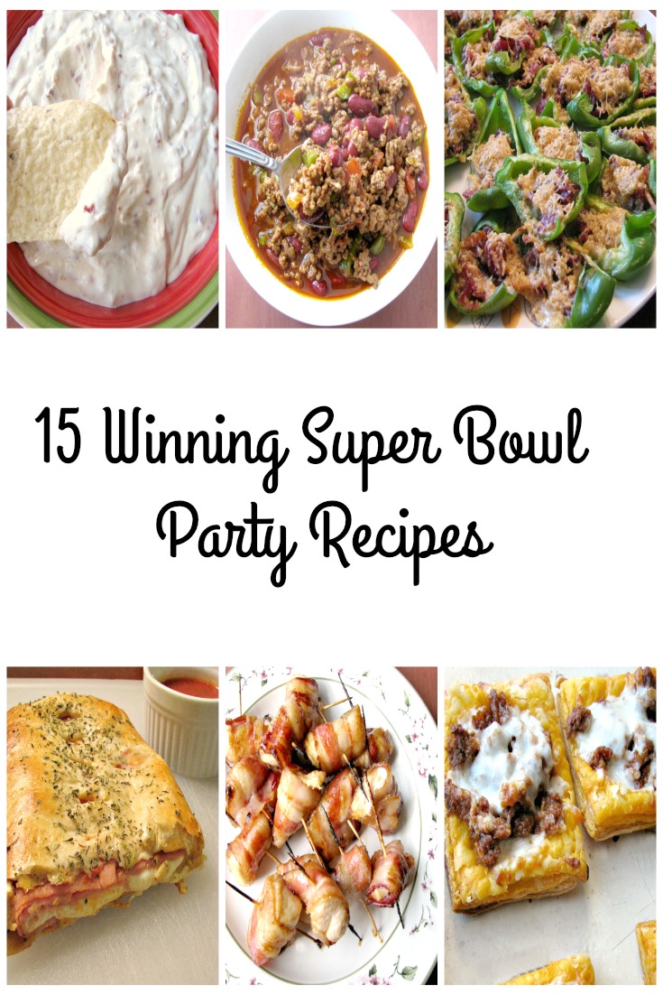 Collage photo of super bowl party food recipes with text