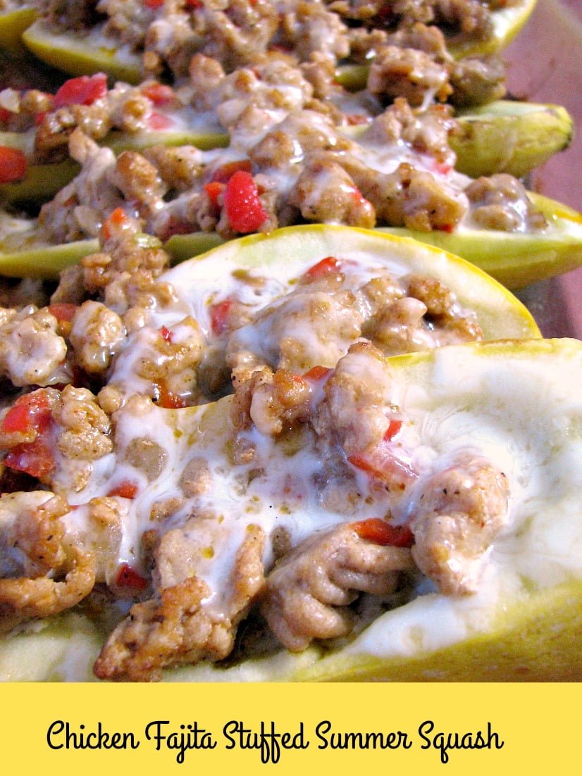 Close up view of ground chicken fajita stuffed yellow summer squash.