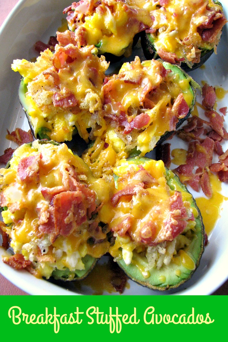Photo of baked Breakfast Stuffed Avocados in a white baking dish