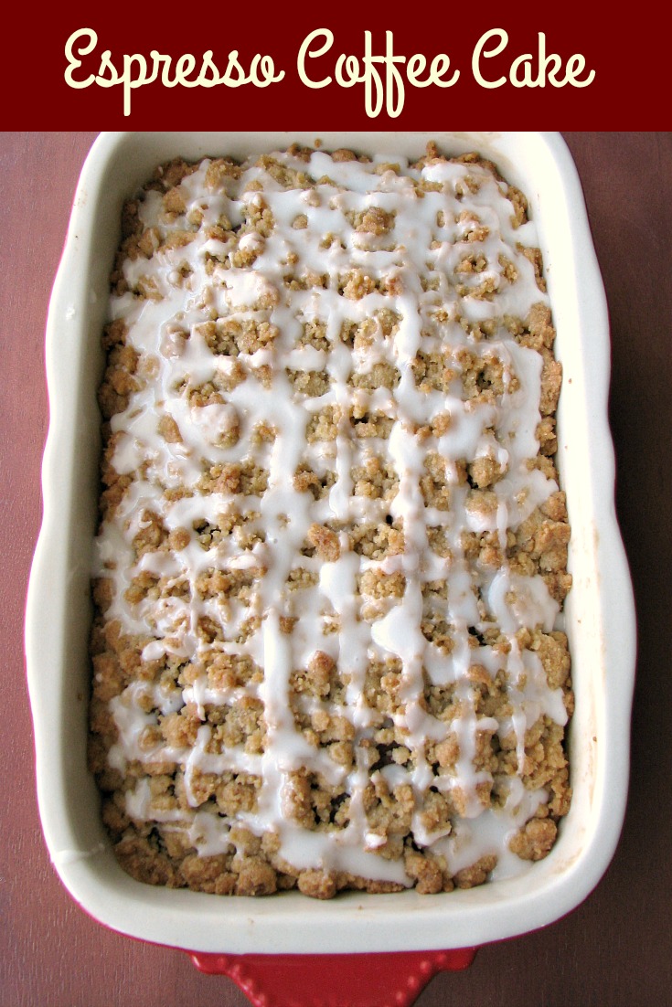 Photo of baked Espresso Coffee Cake, a crumble topped cake with a crumb topping and a sugar glaze