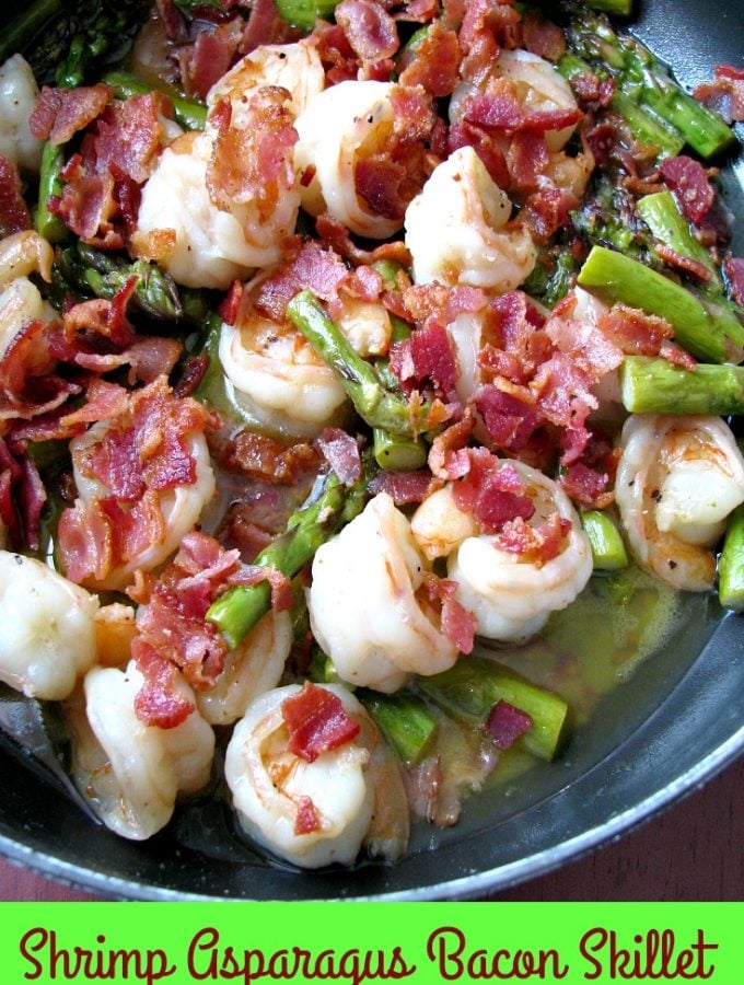 Photo of Shrimp Asparagus Bacon skillet in a silver skillet.