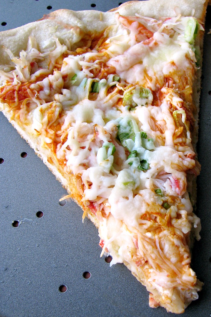Close up photo of Homemade Crab Rangoon Pizza on a metal pizza pan