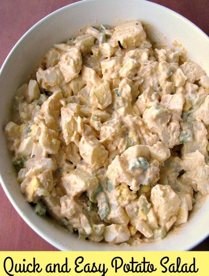 photo of quick and easy gluten free instant pot potato salad in a white bowl